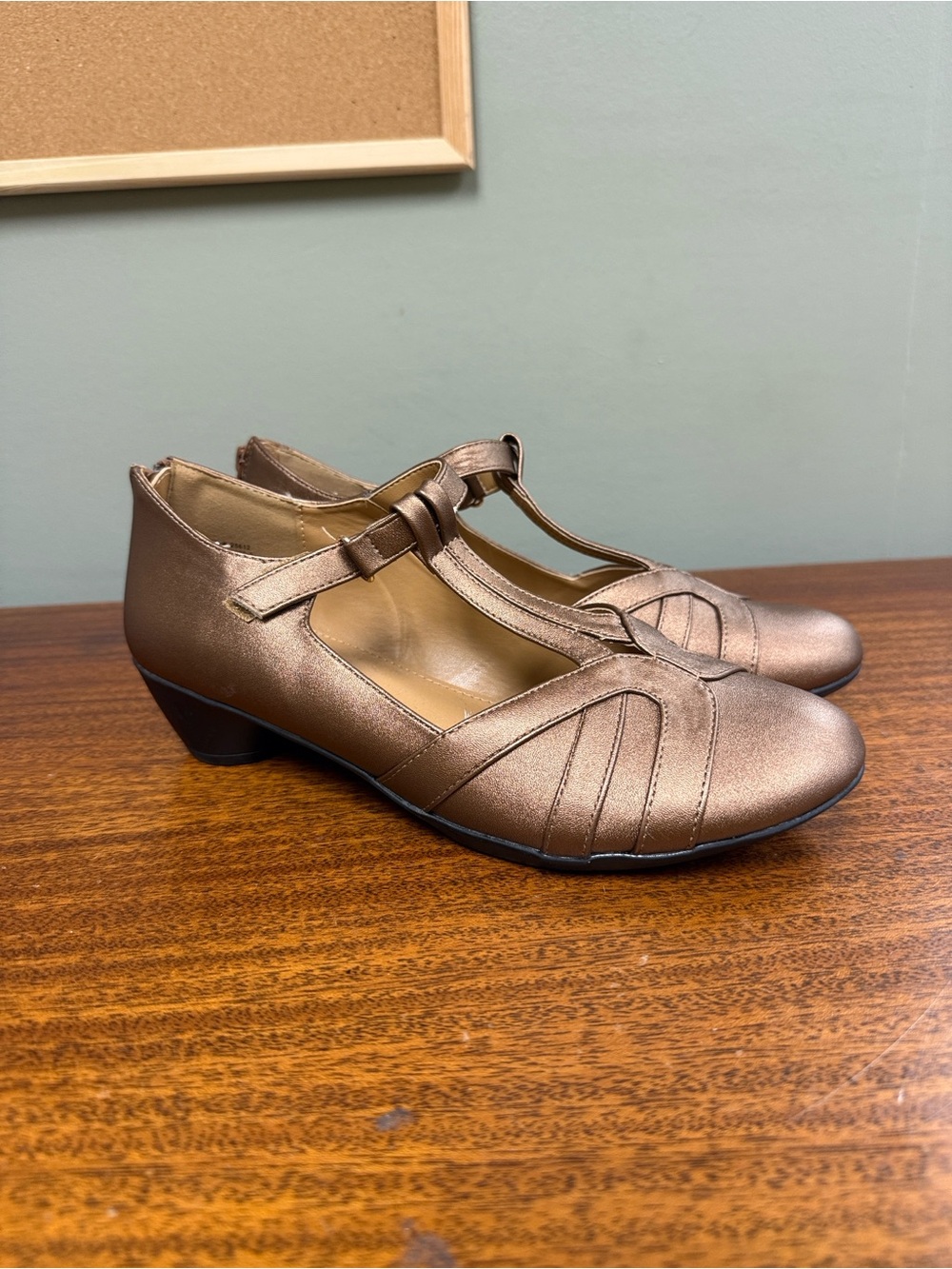comfortview Metallic Bronze T-Strap Heels
